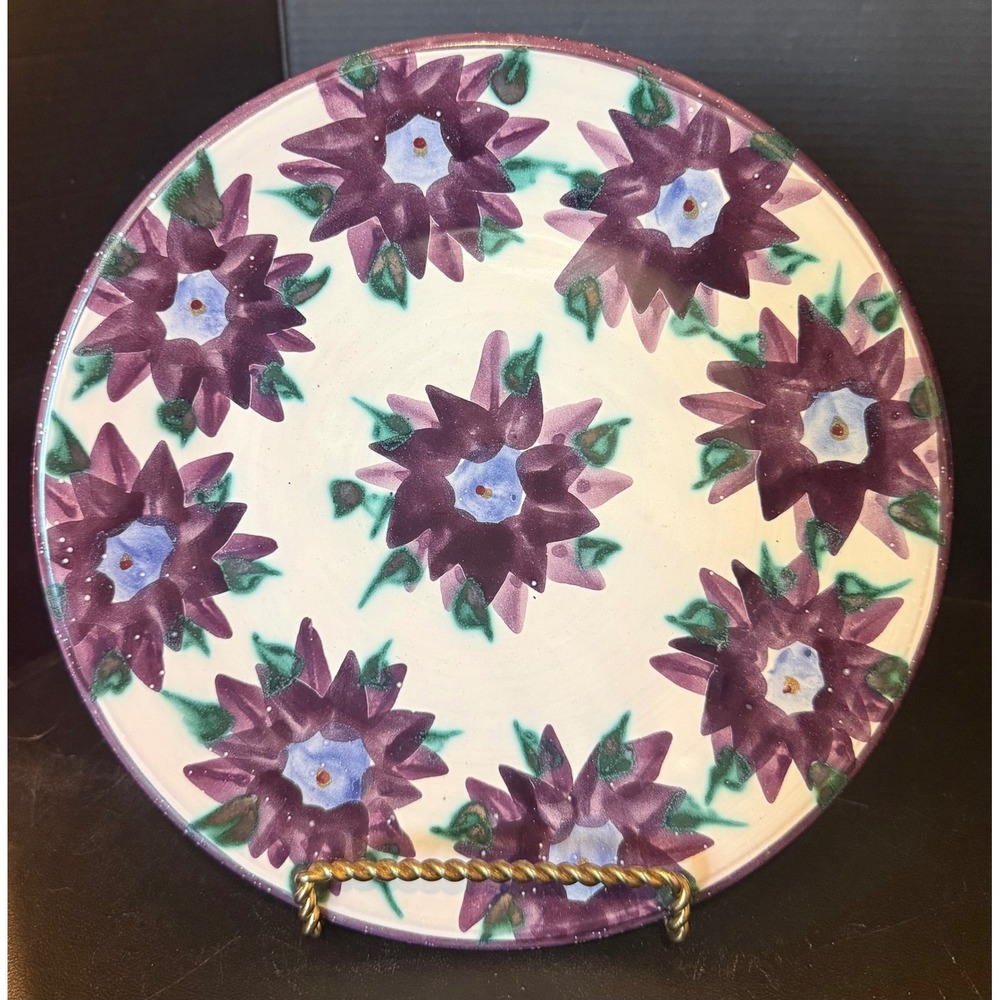 Studio Art Pottery Salad Plate Purple Hand Painted Floral Stoneware Signed 8.5"